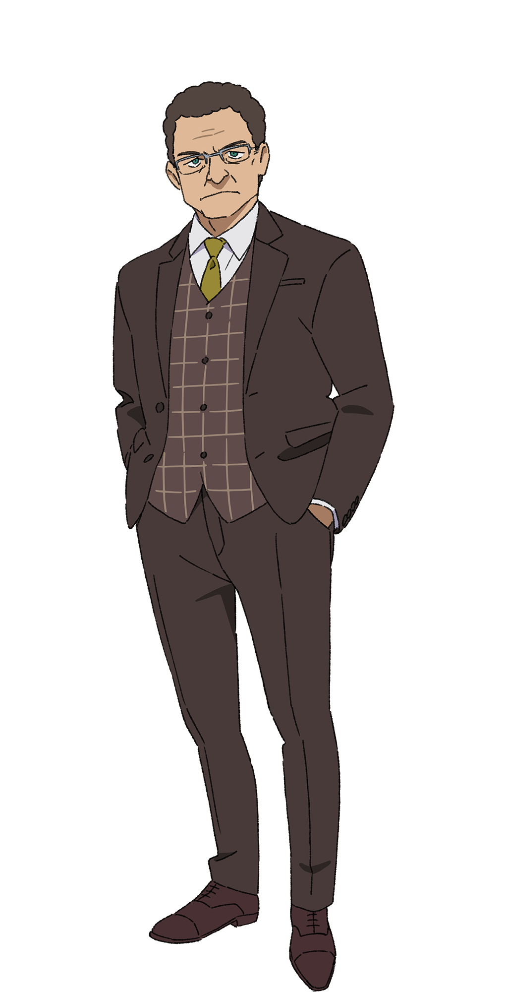 1boy brown_hair brown_shoes brown_suit collared_shirt dress_shoes formal_clothes full_body glasses gundam gundam_gquuuuuux hands_in_pockets highres looking_at_viewer male_focus necktie official_art old old_man plaid_clothes plaid_vest receding_hairline shirt shoes short_hair simple_background solo standing suit transparent_background vest ward_(gundam_gquuuuuux) white_shirt yellow_necktie