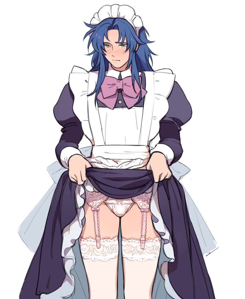 1boy apron blue_eyes blue_hair blush bow buttons clothes_lift crossdressing embarrassed eyebrows feet_out_of_frame forehead garter_straps headband lace lace_trim long_hair long_sleeves looking_away maid maid_apron maid_headdress male_focus navir_log nose_blush pale_skin panties parted_bangs phoenix_ikki pink_panties pink_ribbon ribbon saint_seiya sketch skirt skirt_lift three-quarter_sleeves solo solo_focus standing thighhighs thighs trap underwear white_background white_thighhighs