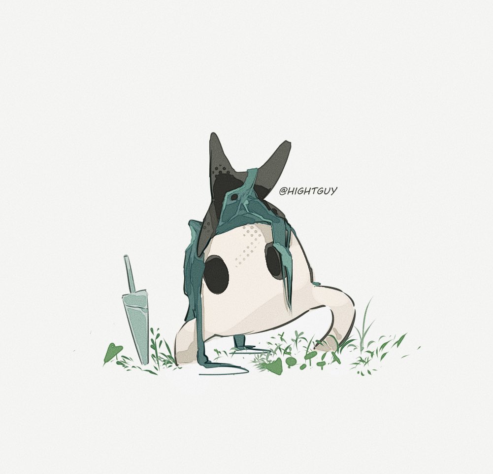 1other artist_name commentary grass grey_cloak halftone hashtag-only_commentary hightguy hollow_eyes hollow_knight horns knight_(hollow_knight) nail_(hollow_knight) other_focus plant solo upside-down weapon weapon_on_floor white_background