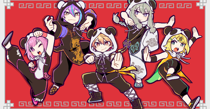 2boys 3girls :3 :o animal_hood animal_print arm_up black_footwear black_pants black_shirt blonde_hair chibi chinese_clothes commentary_request dragon_print drawstring flats green_hair hood jumping kagamine_rin kamishiro_rui kung_fu kusanagi_nene mago multiple_boys multiple_girls official_art one_eye_closed ootori_emu open_mouth panda_hood pants pink_eyes pink_hair project_sekai puffy_pants red_background shirt short_hair sleeveless sleeveless_shirt standing standing_on_one_leg tenma_tsukasa tiger_print v-shaped_eyebrows vocaloid white_shirt wonderlands_x_showtime_(project_sekai) wonderlands_x_showtime_rin wristband yellow_eyes yi_er_fan_club_(vocaloid)