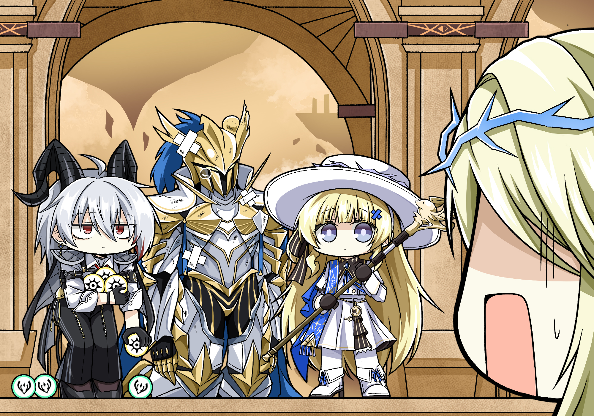 1other 3girls ahoge armband black_armband black_gloves black_horns black_jacket black_pants blonde_hair cadanto_(wuthering_waves) cartethyia_(wuthering_waves) commentary_request crown_of_thorns curled_horns gloves hair_between_eyes hair_ornament hat highres holding holding_staff horns jacket jacket_on_shoulders jazz9207 korean_commentary long_sleeves looking_at_viewer md5_mismatch mole mole_under_eye multiple_girls open_mouth pants pantyhose phoebe_(wuthering_waves) red_eyes shirt skirt staff surprised tacet_discord_(wuthering_waves) white_hat white_pantyhose white_shirt white_skirt wuthering_waves x_hair_ornament zani_(wuthering_waves)
