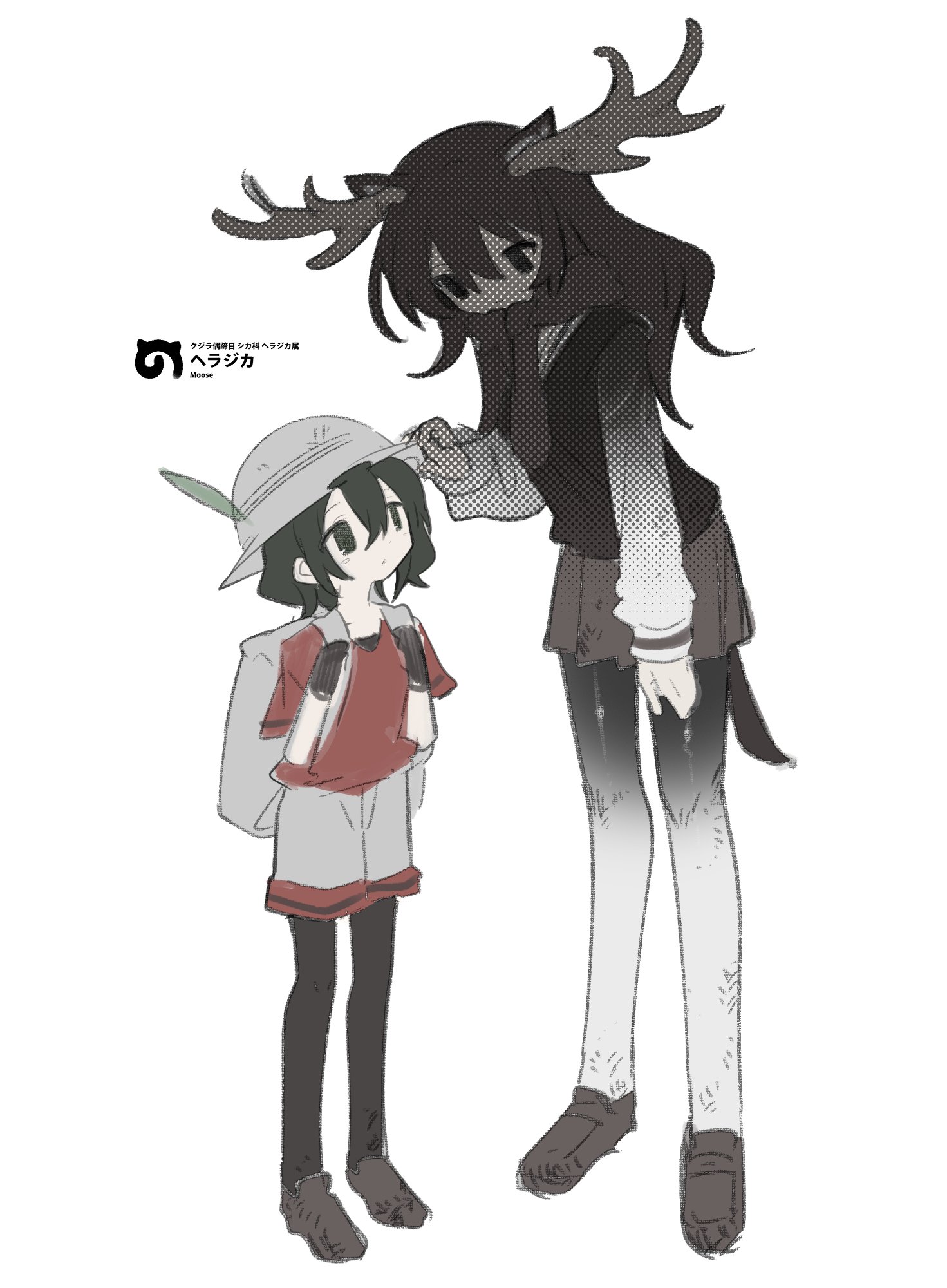 2girls animal_ears antlers backpack bag bent_over black_eyes black_gloves black_hair black_pantyhose brown_hair brown_pantyhose brown_scarf brown_skirt brown_sweater gloves gradient_pantyhose gradient_sweater grey_pantyhose grey_shorts hair_between_eyes hat_feather height_difference helmet highres horns kaban_(kemono_friends) kemono_friends long_hair long_sleeves moose_(kemono_friends) moose_antlers moose_ears moose_girl moose_tail multiple_girls outo_eguchi pantyhose pith_helmet pleated_skirt red_shirt scarf shadow shirt short_hair short_sleeves shorts sidelocks skirt sweater t-shirt tail translation_request white_sweater