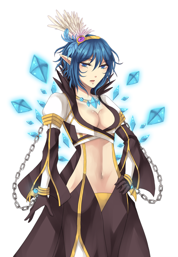 1girl black_gloves black_pants blue_eyes blue_hair blush breasts chain cleavage coat commentary cowboy_shot crop_top english_commentary front_slit gloves hair_between_eyes hairband looking_at_viewer medium_breasts navel open_clothes open_coat open_mouth pants pointy_ears ragnarok_online rinslette shirt short_hair simple_background solo suspenders warlock_(ragnarok_online) white_background white_shirt yellow_hairband