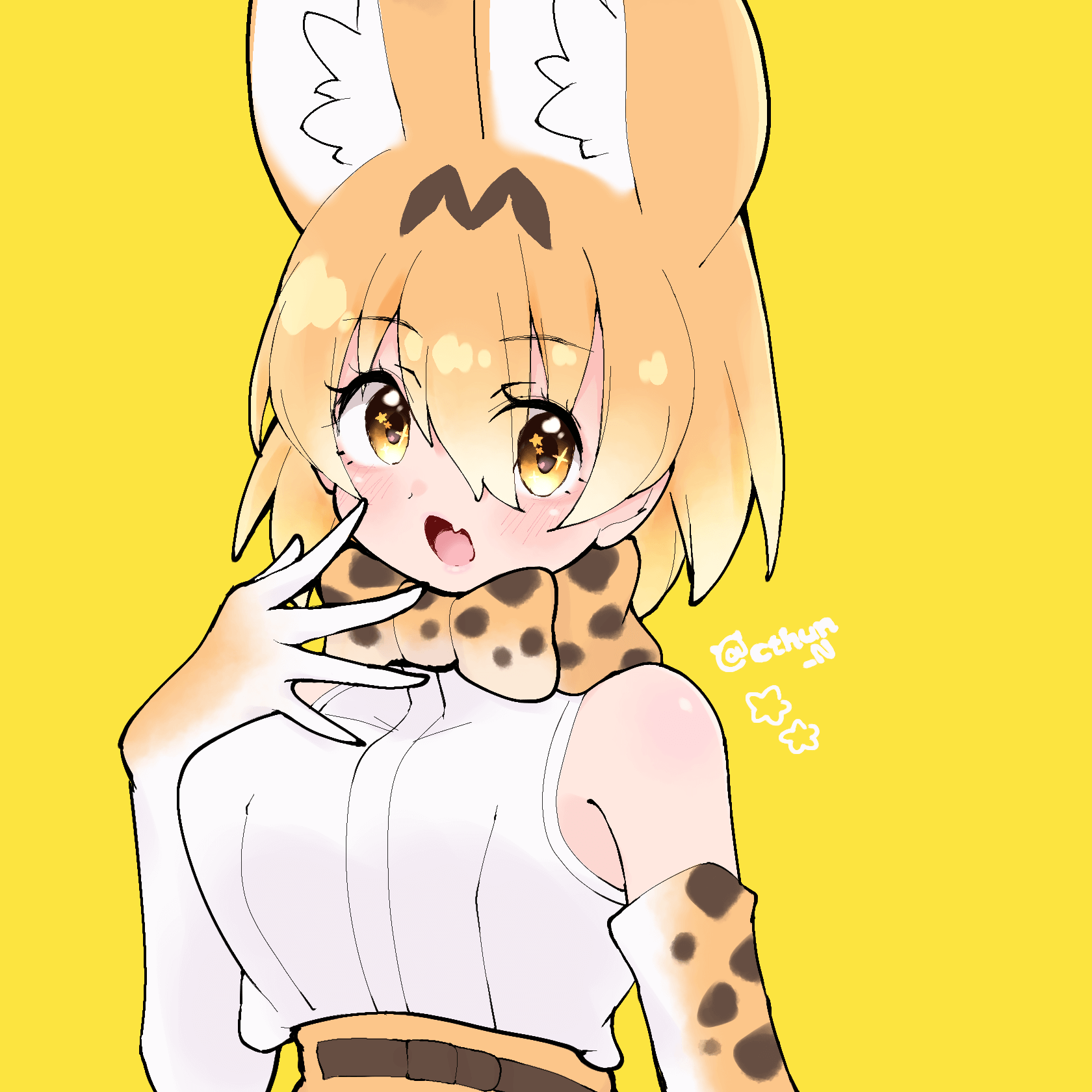 1girl animal_ears bare_shoulders belt blonde_hair bow bowtie cat_ears cat_girl cthun_n elbow_gloves extra_ears fang gloves highres kemono_friends looking_at_viewer open_mouth serval_(kemono_friends) shirt short_hair simple_background skirt sleeveless sleeveless_shirt solo upper_body yellow_background yellow_eyes