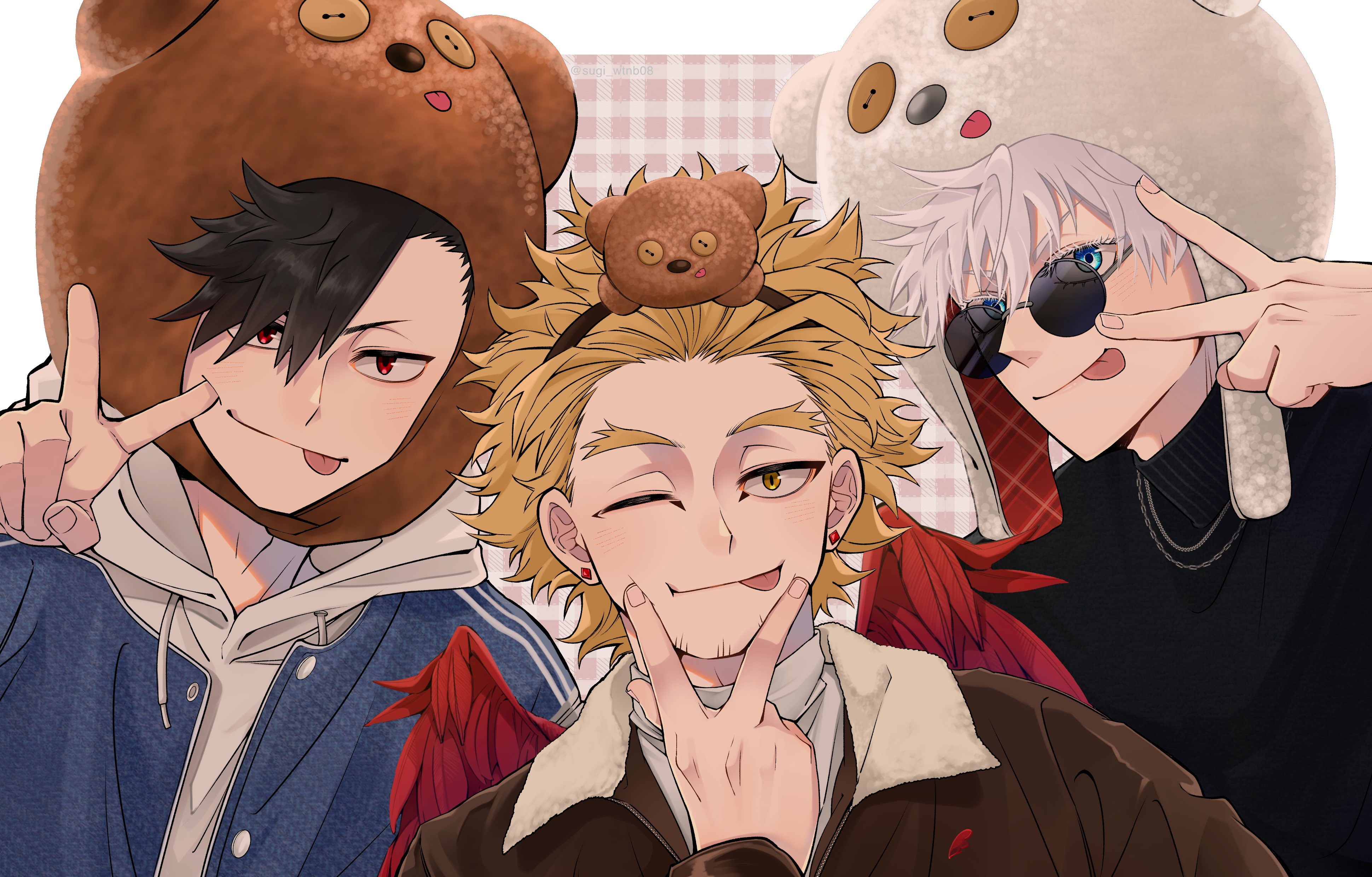 3boys :p absurdres animal_hood asymmetrical_bangs bear_hair_ornament bear_hat bear_hood beard_stubble black_hair black_sweater blonde_hair blue_eyes boku_no_hero_academia border brown_jacket buttons chain chain_necklace closed_mouth collared_jacket colored_eyelashes crossover earrings facial_hair feathered_wings fingernails fingers_to_cheeks fur-trimmed_jacket fur_trim gojou_satoru haikyuu!! hair_between_eyes hair_ornament hand_up hat hawks_(boku_no_hero_academia) highres hood hooded_jacket jacket jewelry jujutsu_kaisen kuroo_tetsurou layered_clothes long_sleeves looking_at_viewer male_focus multiple_boys nakamura_yuuichi necklace one_eye_closed open_clothes open_jacket outside_border plaid_background plaid_hat red_eyes red_wings round_eyewear short_hair smile spiked_hair stubble stud_earrings sugi_wtnb08 sunglasses sweater tongue tongue_out track_jacket turtleneck turtleneck_sweater twitter_username upper_body v v_over_eye voice_actor_connection white_border white_eyelashes white_hair white_jacket wing_print wings yellow_eyes zipper