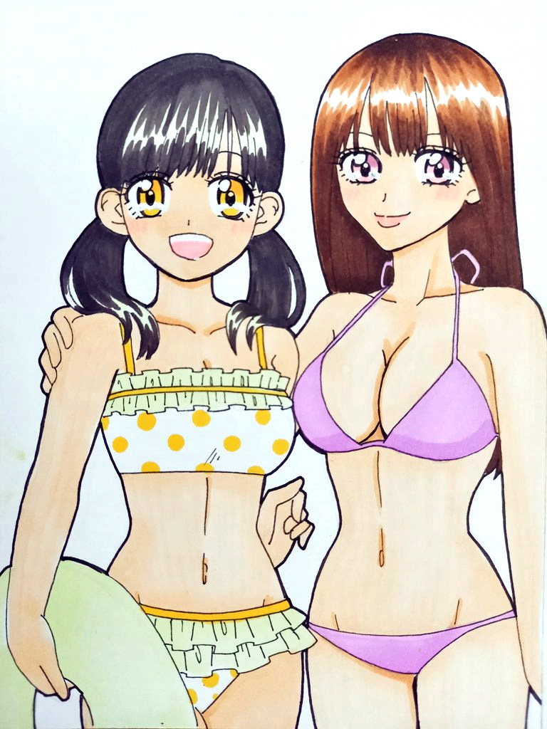 2girls bikini black_hair brown_hair hanaori_kotoha inflatable_tube kwai_chi multiple_girls pink_eyes samurai_sentai_shinkenger shiraishi_mako super_sentai swimsuit yellow_eyes