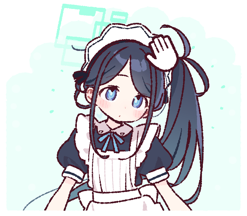 1girl 1other apron aris_(blue_archive) aris_(maid)_(blue_archive) black_dress blue_archive blue_eyes closed_mouth commentary_request dot_mouth dress headpat long_hair maid_apron maid_headdress official_alternate_costume one_side_up short_sleeves upper_body yoru_nai