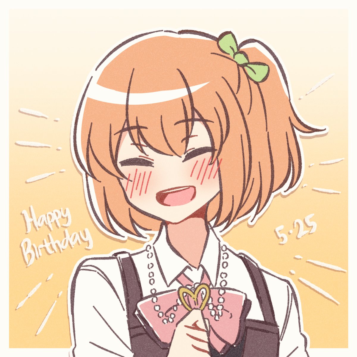 1girl :d =_= akamirai amamiya_sophia_seren arm_at_side assault_lily blush border bow bowtie closed_eyes collared_shirt commentary dated facing_viewer gradient_background green_bow hair_bow hand_up happy_birthday heart heart_necklace highres holding holding_jewelry holding_necklace jewelry ludvico_private_girls'_academy_school_uniform necklace one_side_up open_mouth orange_background orange_hair outline outside_border pendant pink_bow pink_bowtie school_uniform shirt short_hair smile solo suspenders teeth upper_body upper_teeth_only white_border white_outline white_shirt