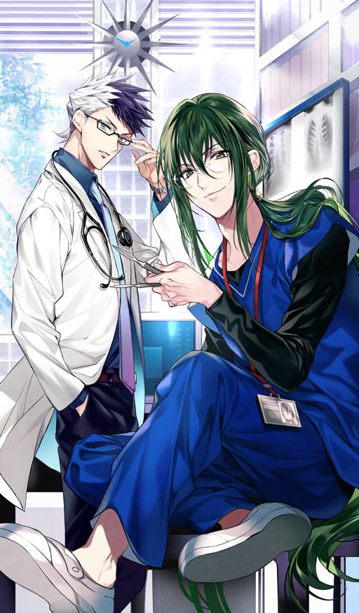 2boys adjusting_eyewear analog_clock aqua_shirt belt between_fingers bishounen black-framed_eyewear black_hair black_pants black_shirt blue_necktie blue_pants blue_shirt brown_belt clock closed_mouth coat collared_shirt commentary crossed_ankles day fate/grand_order fate_(series) futaba_hazuki glasses gradient_necktie green_hair hair_between_eyes hand_in_pocket holding holding_scalpel hospital id_card indoors infirmary lanyard lapels layered_sleeves long_hair long_sleeves looking_at_viewer low_ponytail male_focus medical_scrubs multicolored_hair multiple_boys necktie official_art pants parted_lips ponytail purple_necktie rectangular_eyewear riyo_(lyomsnpmp)_(style) round_eyewear shirt shoes short_hair short_over_long_sleeves short_sleeves sidelocks sigurd_(fate) sigurd_(under_the_knife)_(fate) smile standing stethoscope third-party_source two-tone_hair two-tone_necktie v-neck very_long_hair watch white_coat white_hair white_shoes window wristwatch yan_qing_(fate) yan_qing_(under_the_knife)_(fate)