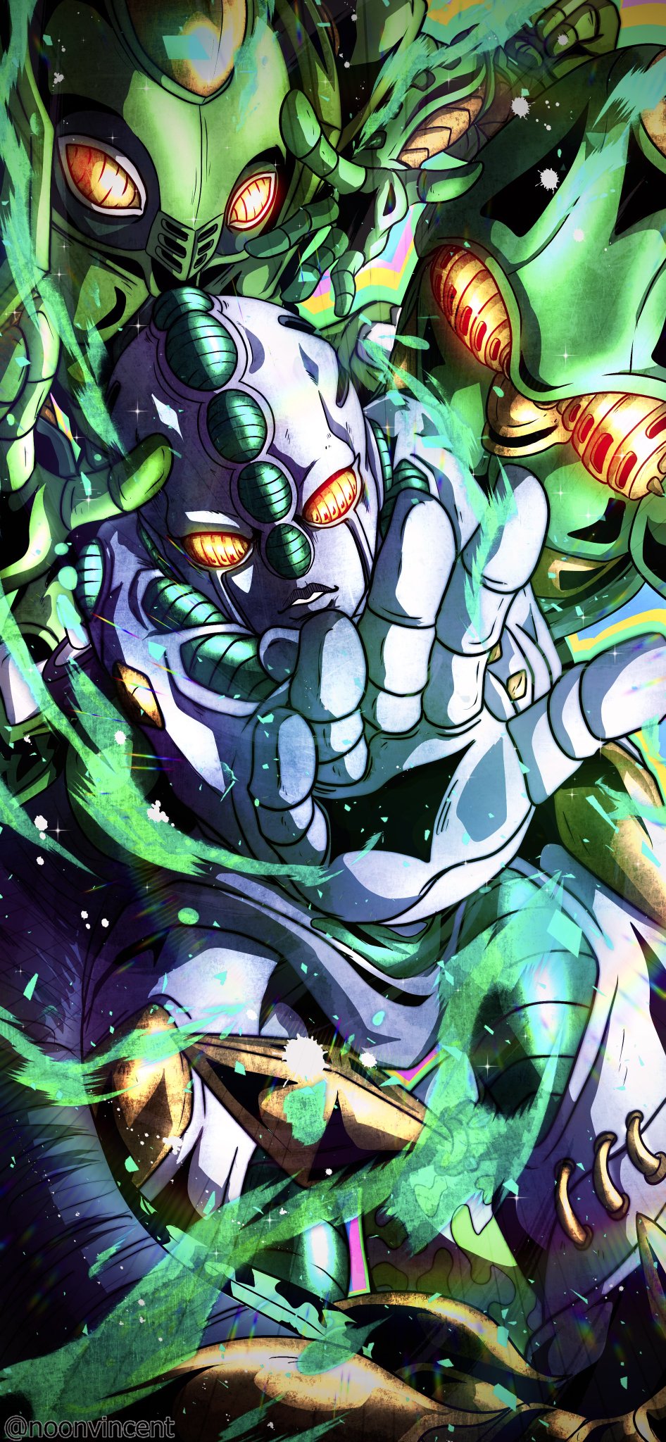 3others armor colored_skin compound_eyes diamond_wa_kudakenai echoes_(stand) echoes_act1 echoes_act2 echoes_act3 green_armor green_skin highres jojo_no_kimyou_na_bouken multiple_others no_humans noonvincent orange_eyes pelvic_curtain stand_(jojo) white_skin