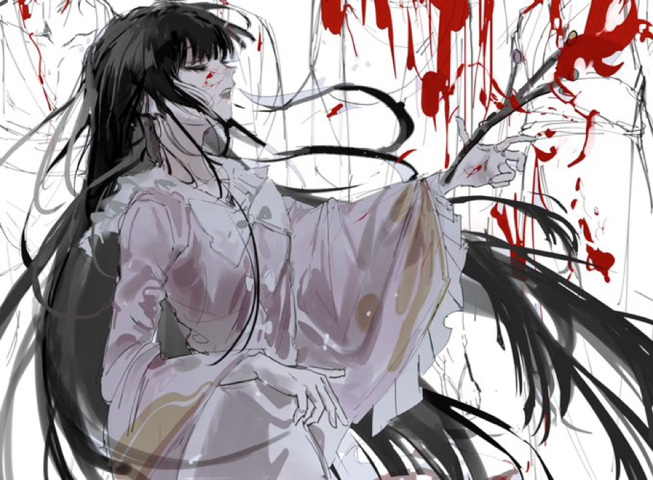 1girl black_hair blood blood_splatter blunt_bangs bow bowtie branch closed_eyes downscaled dress frilled_sleeves frills hime_cut houraisan_kaguya jeweled_branch_of_hourai jpeg_artifacts long_hair long_sleeves open_mouth resized sesmkun solo touhou very_long_hair white_bow white_bowtie white_dress wide_sleeves