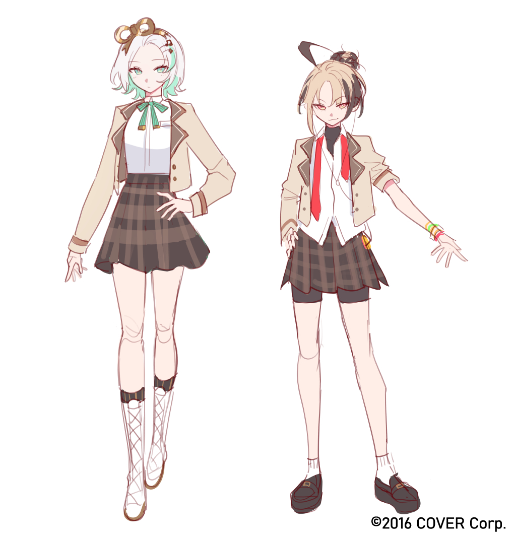 2girls ahoge alternate_costume alternate_hairstyle black_shoes black_socks black_undershirt blazer blonde_hair boots brown_hair brown_jacket brown_skirt cecilia_immergreen closed_mouth collared_shirt colored_inner_hair commentary copyright_notice doll doll_joints earphones english_commentary full_body gigi_murin green_eyes green_hair grey_hair hair_bun hair_ornament hairclip hand_on_own_hip hololive hololive_english jacket joints kneehighs lace-up_boots lapels miniskirt multicolored_hair multiple_girls neck_ribbon notched_lapels official_art okyurita pink_eyes plaid_clothes plaid_skirt pleated_skirt ribbon school_uniform shirt shirt_tucked_in shoes short_hair simple_background single_hair_bun sketch skirt sleeves_rolled_up socks two-tone_hair v-shaped_eyebrows variations virtual_youtuber white_background white_boots white_shirt white_socks winding_key