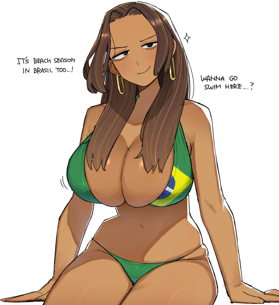 1girl bikini blush brazil_(ohasi) brazilian_flag brazilian_flag_bikini brazilian_flag_print breasts cleavage commentary dark-skinned_female dark_skin english_text flag_print large_breasts long_hair looking_at_viewer navel ohasi original print_bikini simple_background smile solo swimsuit symbol-only_commentary white_background