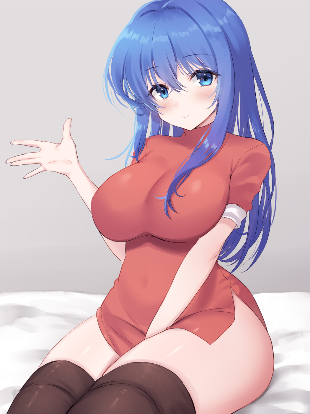 1girl arm_between_legs awayuki_ramika bed bed_sheet black_thighhighs blue_eyes blue_hair blush breasts caeda_(beloved_queen)_(fire_emblem) caeda_(fire_emblem) commentary_request covered_navel crossed_bangs dress fire_emblem fire_emblem:_mystery_of_the_emblem fire_emblem:_shadow_dragon_and_the_blade_of_light grey_background hair_between_eyes highres large_breasts long_hair looking_at_viewer nintendo on_bed red_dress short_sleeves side_slit sidelocks simple_background solo thighhighs