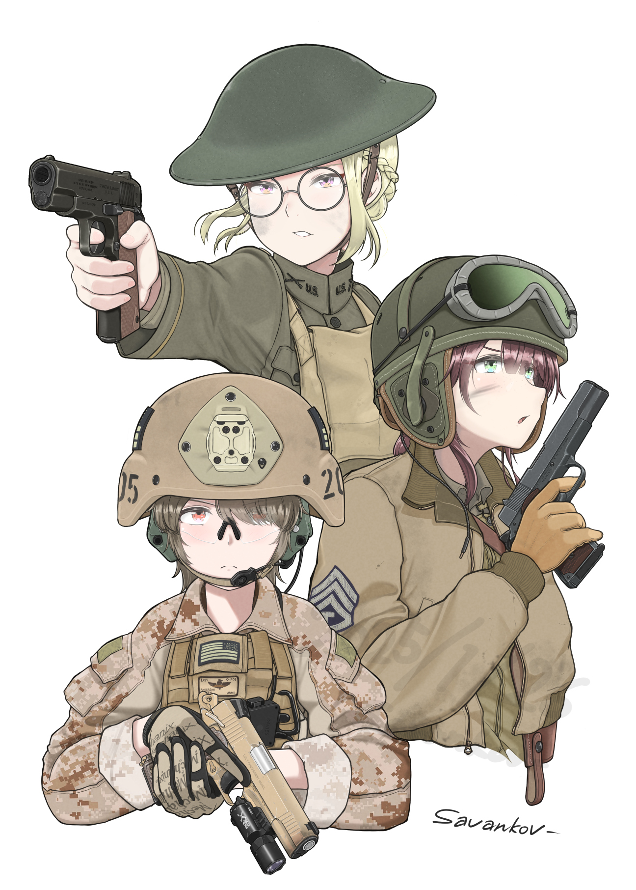3girls aiming blonde_hair braid brodie_helmet brown_gloves brown_hair brown_hat brown_jacket camouflage camouflage_jacket combat_helmet commentary cropped_torso finger_on_trigger flashlight glasses gloves goggles goggles_on_headwear green_eyes green_hat green_shirt gun handgun hat headset helmet highres jacket load_bearing_vest long_sleeves m1911 military_combat_uniform military_rank_insignia military_uniform multiple_girls orange_eyes original parted_lips patch pink_eyes round_eyewear safety_glasses savankov shirt short_hair signature simple_background soot symbol-only_commentary tank_helmet tanker_jacket united_states_army united_states_marine_corps weapon white_background world_war_i world_war_ii