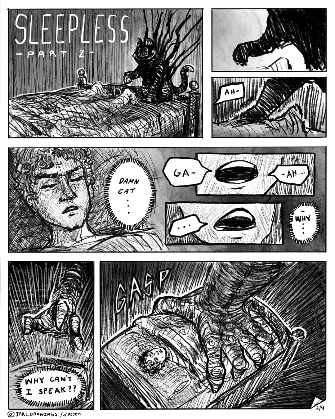... animal_ears bed cat cat_ears closed_eyes comic eldritch_abomination english_text evil_smile garfield garfield_(character) giant giant_monster grabbing highres jon_arbuckle jr_(jarsarts) monster open_mouth panels reaching smile spikes title
