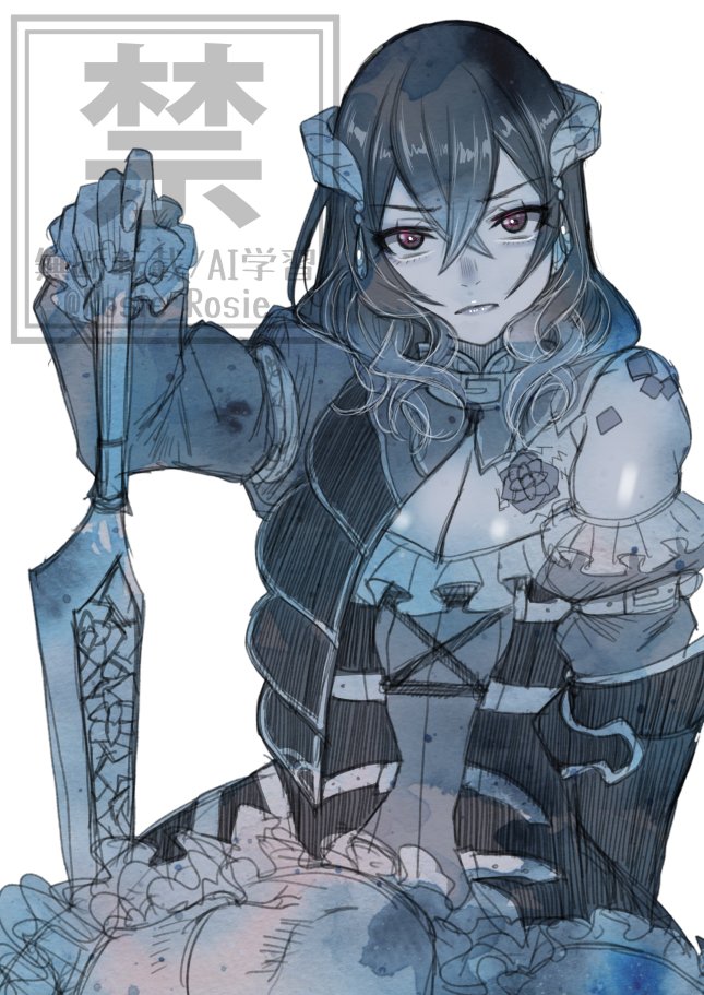 1girl bloodstained:_ritual_of_the_night breasts cleavage cowboy_shot greyscale horns large_breasts medium_hair miriam_(bloodstained) monochrome rosie_rosie simple_background single_bare_shoulder sitting solo white_background