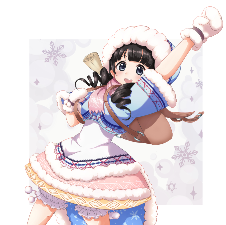 1girl :d arm_up backpack bag black_eyes black_hair coat drill_hair fur_trim idolmaster idolmaster_cinderella_girls long_hair mittens open_mouth ryokucha_no_ki scroll short_sleeves smile snowflakes solo standing ujiie_mutsumi white_mittens