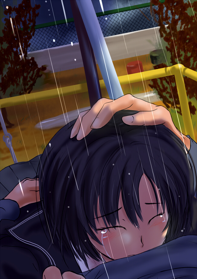 1girl amagami black_hair blush crying dark closed_eyes fence hug murasaki_iro nanasaki_ai playground pov pov_hug railing rain school_uniform skirt solo_focus tears tree