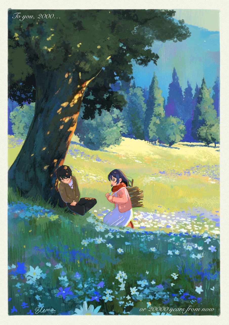 1boy 1girl black_hair black_pants blue_flower border cardigan closed_eyes dress elemoli english_text eren_yeager flower forget-me-not_(flower) grey_shirt hair_between_eyes highres kneeling long_hair mikasa_ackerman nature outdoors pants pink_cardigan red_scarf scarf shingeki_no_kyojin shirt short_hair sitting sleeping tree under_tree white_border white_dress white_flower