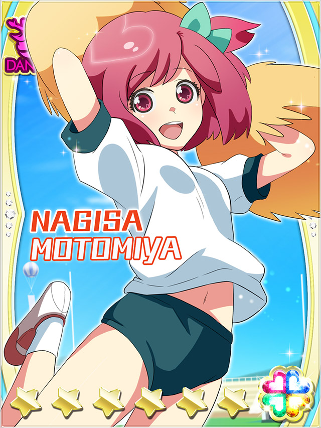 1girl :d akb0048 ankle_socks arms_up bow buruma card_(medium) character_name cheering foot_out_of_frame green_bow green_buruma gym_shirt gym_uniform hair_bow heart holding holding_pom_poms jumping leg_up looking_at_viewer motomiya_nagisa navel non-web_source official_art one_side_up open_mouth outdoors pink_hair pom_pom_(cheerleading) pom_poms red_eyes shirt short_hair short_sleeves smile socks solo sparkle star_(symbol) teeth upper_teeth_only white_shirt white_socks