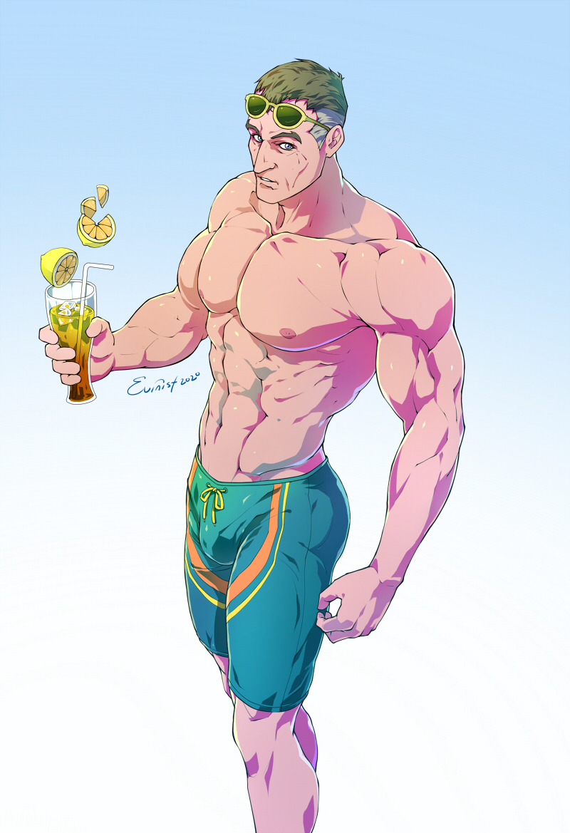 1boy abs aqua_male_swimwear artist_name bara cup drinking_straw evinist eyewear_on_head food fruit gradient_background grey_hair holding holding_cup large_pectorals male_focus male_swimwear multicolored_hair muscular muscular_male navel nipples overwatch overwatch_1 pectorals short_hair sigma_(overwatch) simple_background solo sunglasses topless_male two-tone_hair