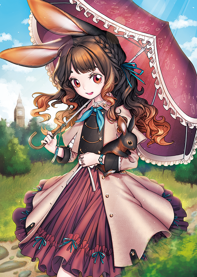1girl animal_ears blue_ribbon blue_sky braid brown_eyes brown_hair clock clock_tower day dress female_focus holding holding_umbrella jewelry lantam long_hair looking_at_viewer original ouside outdoors over_shoulder parasol rabbit rabbit_ears ribbon ring sky smile solo standing tower umbrella watch wristwatch