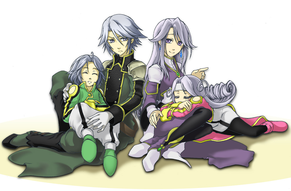 breasts closed_eyes dio_(tales) dios_(tales) dress earrings gloves grey_eyes grey_hair headband jewelry long_hair mel_(tales) meltia_(tales) pants pantyhose purple_eyes shoes short_hair shoulder_pads sleeping smile tales_of_(series) tales_of_phantasia:_narikiri_dungeon tales_of_phantasia:_narikiri_dungeon_x wide_sleeves