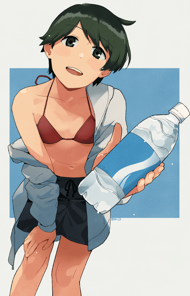 1girl bikini black_eyes black_hair black_shorts bottle feet_out_of_frame flat_chest hand_on_own_thigh jacket kantai_collection leaning_forward looking_at_viewer makio_(makiomeigenbot) mogami_(kancolle) red_bikini short_hair shorts solo swept_bangs swimsuit white_jacket