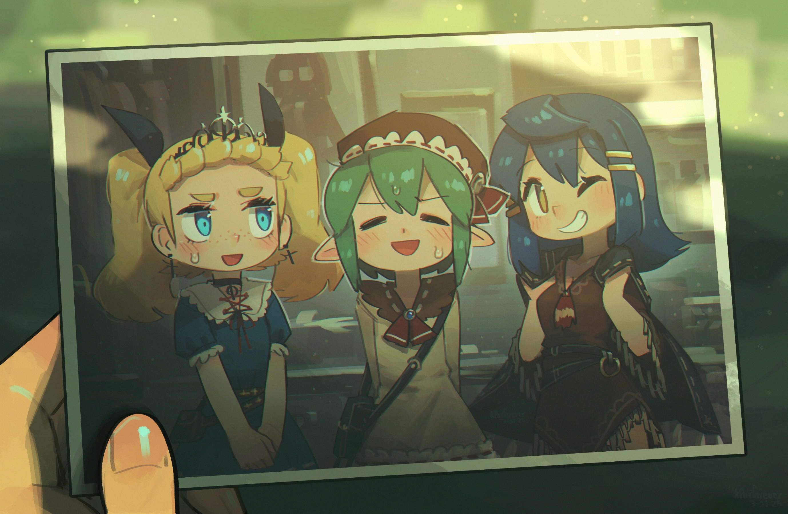 1boy 2girls blonde_hair blue_dress blue_eyes blue_hair brown_dress collar cressey_(porforever) crossdressing dress erynn_(porforever) green_hair hat highres holding holding_photo long_hair multiple_girls one_eye_closed open_mouth original photo_(object) pointy_ears porforever short_hair short_sleeves smile sweatdrop teeth tiara twintails wallace_(porforever) white_dress yellow_eyes