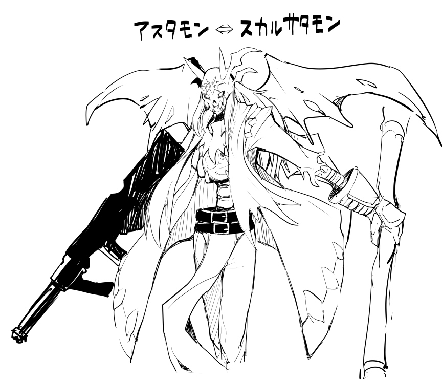 astamon digimon digimon_(creature) fusion monochrome oridigi original simple_background skullsatamon solo white_background