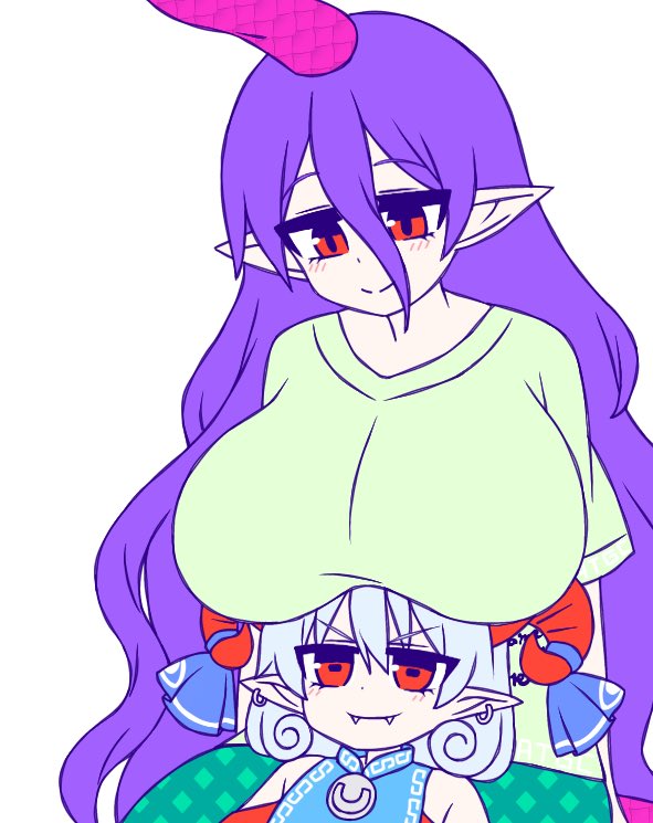 2girls breast_rest breasts breasts_on_head closed_mouth curled_horns earrings fangs fangs_out green_shirt grey_hair horizontal_pupils horns huge_breasts jewelry ketsumaimo looking_at_viewer multiple_girls pointy_ears purple_hair red_eyes red_horns shirt simple_background single_horn smile t-shirt tenkajin_chiyari touhou toutetsu_yuuma upper_body v-shaped_eyebrows wavy_hair white_background