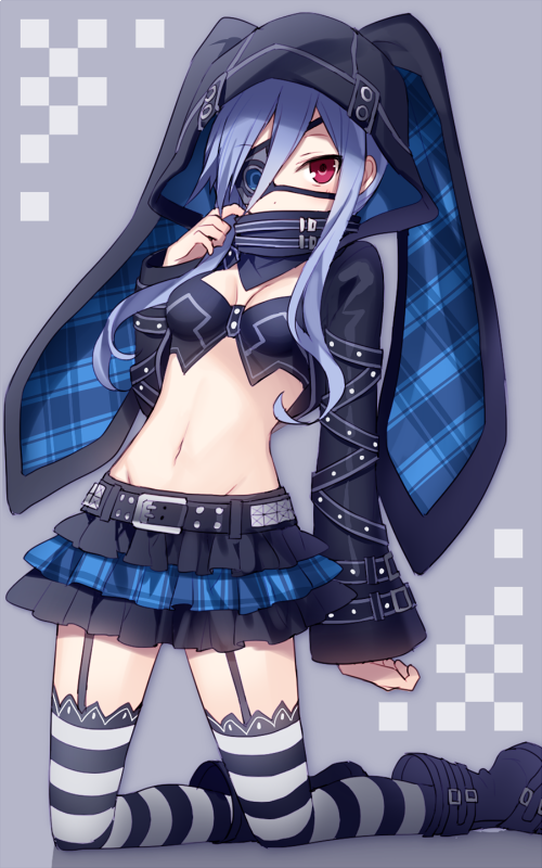 1girl animal_ears animal_hood belt black_boots black_bra black_hoodie black_skirt black_sleeves blue_hair boots bra breasts cleavage covering_own_mouth effole_(fairy_fencer_f) ethel_(fairy_fencer_f) eyepatch fairy_fencer_f fake_animal_ears female_focus grey_background groin hijiri_(resetter) hood hood_up hoodie kneeling layered_skirt long_hair long_sleeves looking_at_viewer midriff miniskirt navel original pleated_skirt rabbit_ears rabbit_hood red_eyes shrug_(clothing) skirt small_breasts solo stomach striped_clothes striped_thighhighs thighhighs underwear zettai_ryouiki