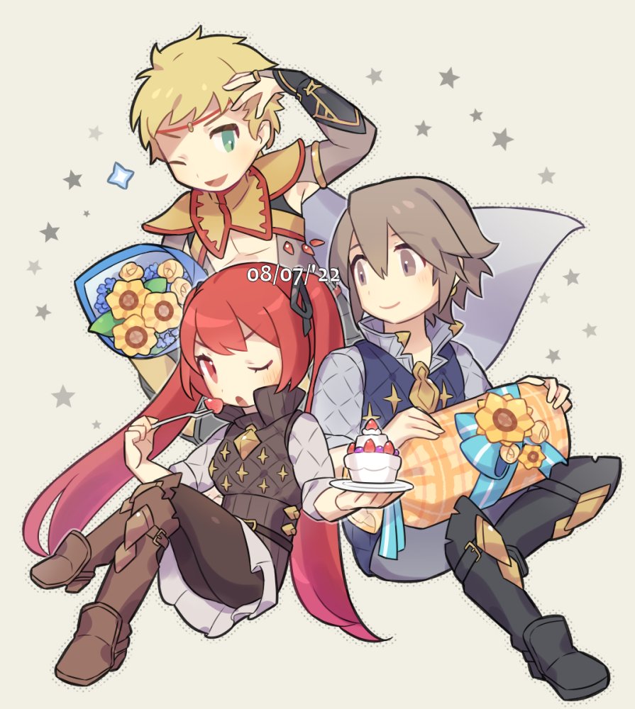 1girl 2boys blonde_hair brown_eyes brown_hair cake dated fire_emblem fire_emblem_fates flower food gift green_eyes haconeri hair_between_eyes laslow_(fire_emblem) long_hair multiple_boys nintendo odin_(fire_emblem) one_eye_closed open_mouth red_eyes red_hair selena_(fire_emblem_fates) short_hair smile twintails