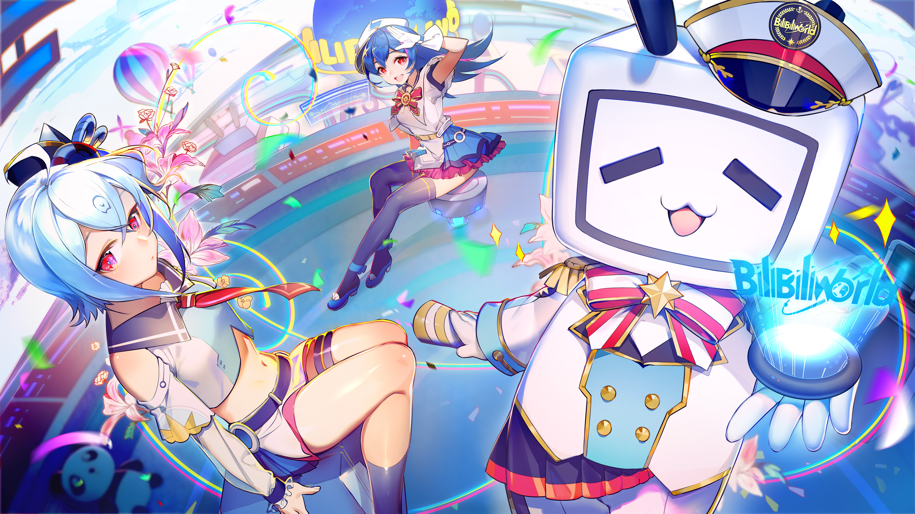 1other 2girls ahoge bili_girl_22 bili_girl_33 bilibili black_thighhighs blue_hair blue_sailor_collar blue_shirt blue_skirt crop_top detached_sleeves gloves hat highres hologram layered_skirt long_hair looking_at_viewer multiple_girls navel neck_ribbon necktie object_head original pink_skirt red_eyes red_necktie red_ribbon ribbon rosele sailor_collar shirt short_hair_with_long_locks shorts sitting skirt thigh_strap thighhighs thighs two-tone_shirt white_gloves white_hat white_shirt white_shorts