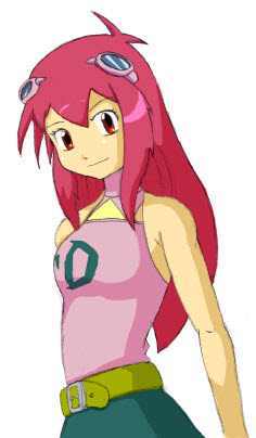 1girl belt digimon female_focus goggles goggles_on_head kizuna_(digimon) long_hair looking_at_viewer pink_hair skirt smile solo