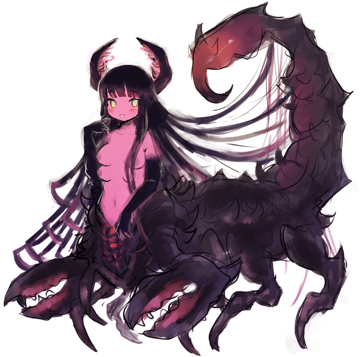 1girl arthropod_girl black_hair black_skin blunt_bangs breasts carapace centauroid claws colored_skin commentary completely_nude english_commentary extra_breasts full_body gradient_eyes gradient_hair hand_up horns lapithai long_hair looking_at_viewer medium_breasts monster_girl multicolored_eyes multicolored_hair multicolored_skin navel nipples no_pupils no_sclera nude open_mouth original pincers pink_hair pink_skin scorpion_girl sidelocks simple_background sketch smile solo standing stinger taur very_long_hair white_background yellow_eyes