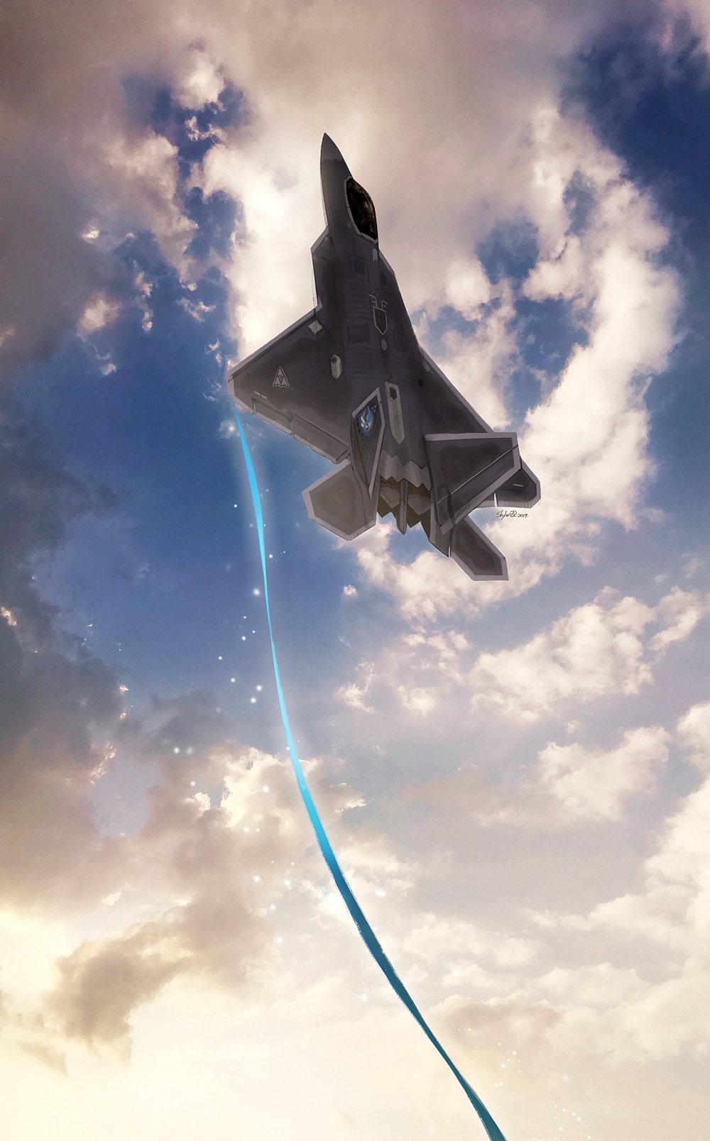 ace_combat ace_combat_04 aircraft airplane blue_sky cloud emblem f-22 f-22_raptor fighter_jet highres isaf military military_vehicle mobius_1 mobius_strip ribbon sky skyleranderton sunset vehicle_focus