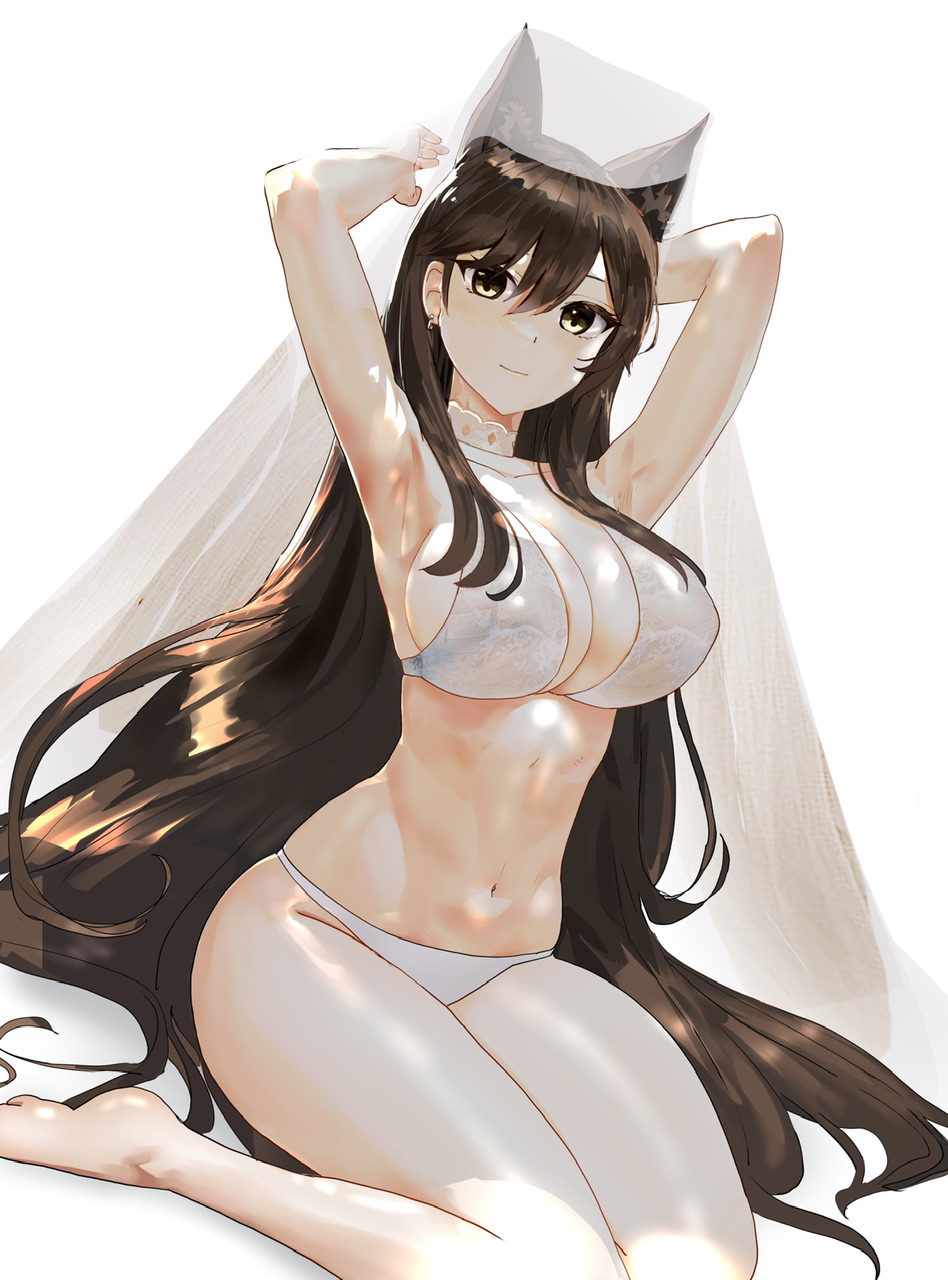 animal_ears armpits arms_behind_head atago_(azur_lane) atago_(summer_march)_(azur_lane) azur_lane barefoot bikini black_hair breasts choker cleavage dog_ears highres large_breasts long_hair mogeuwuwuu navel official_alternate_costume presenting_armpit sitting swimsuit thighs veil very_long_hair white_bikini white_choker white_veil yellow_eyes yokozuwari