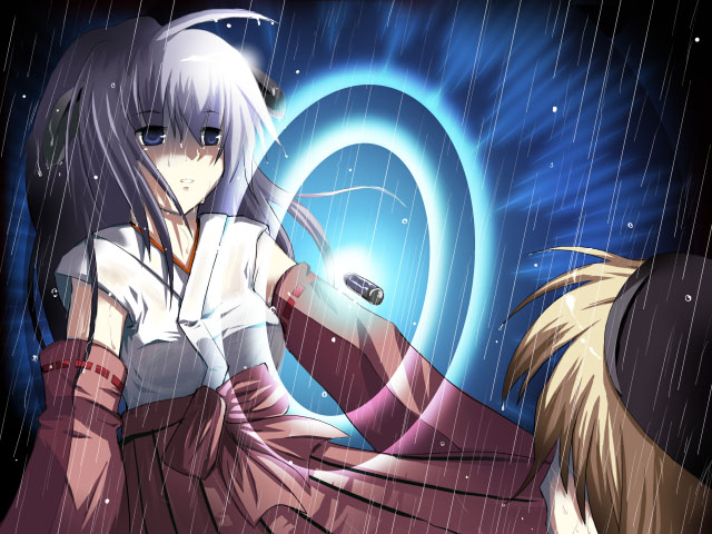 00s 2girls hakama hakama_skirt hanyuu higurashi_no_naku_koro_ni japanese_clothes matsuribayashi-hen miko multiple_girls rain red_hakama skirt spoilers takano_miyo