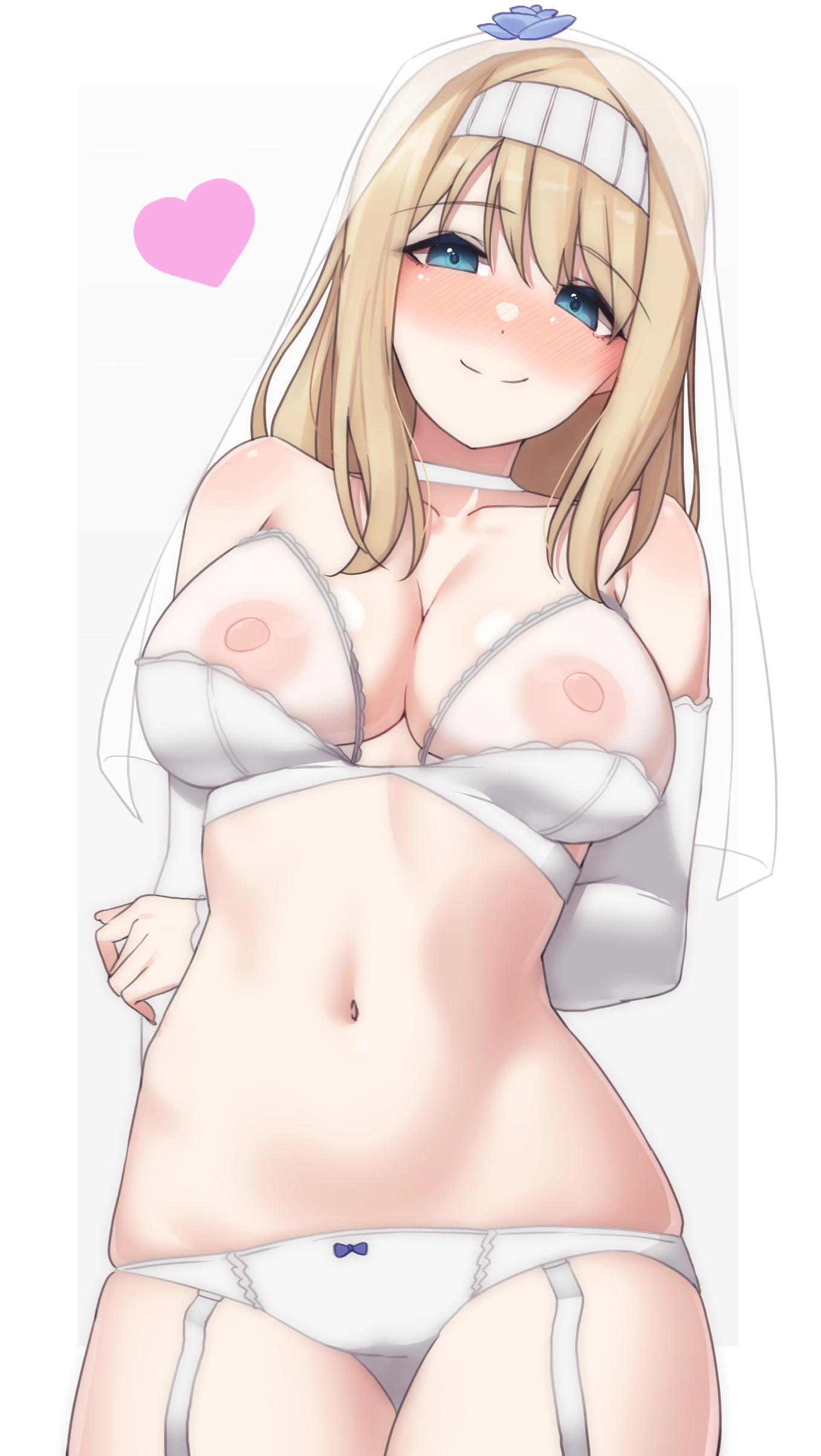 1girl absurdres arms_behind_back bare_shoulders blonde_hair blue_eyes blush bra breasts bridal_lingerie bridal_veil choker cleavage closed_mouth collarbone commentary_request commission cowboy_shot detached_sleeves garter_straps hairband heart highres large_breasts lingerie long_sleeves looking_at_viewer nasuno_(nasuno42) navel nipples original panties pixiv_commission see-through_bra see-through_clothes simple_background smile solo underwear underwear_only veil white_background white_bra white_choker white_hairband white_panties