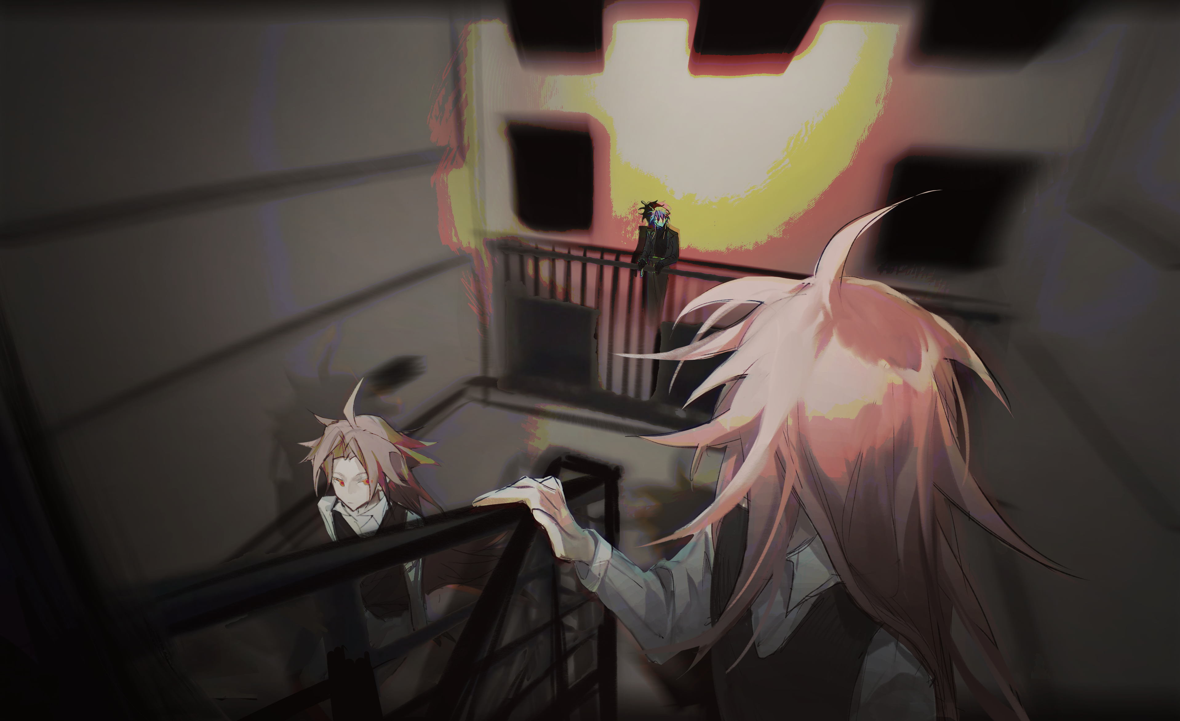 3boys absurdres ahoge black_coat black_shirt black_vest c8h11o2n clone closed_mouth coat collared_shirt color_banding commentary curtained_hair earrings hand_on_railing hatsutori_hajime highres jewelry long_hair long_sleeves male_focus multiple_boys open_clothes open_coat parted_bangs pink_hair purple_hair red_eyes saibou_shinkyoku shirt short_hair symbol-only_commentary theodore_riddle vest white_shirt
