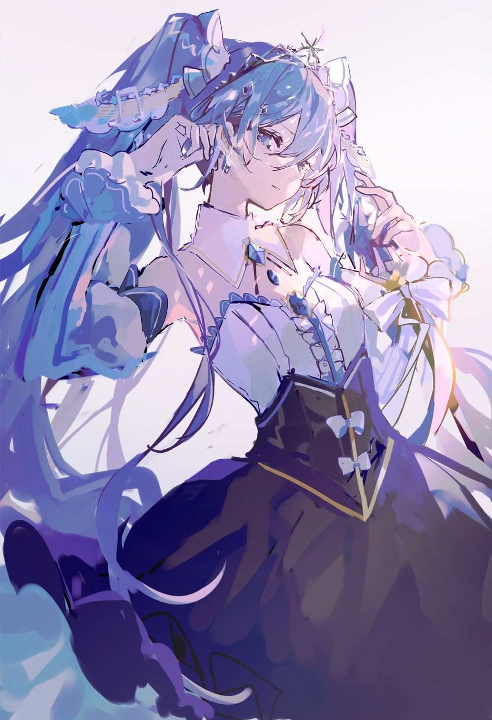 1girl amulet bare_shoulders beamed_sixteenth_notes blue_dress blue_eyes blue_hair bow bowtie brooch commentary crystal detached_collar detached_sleeves dress earrings framed_breasts gold_trim hair_ornament half-closed_eyes hands_up hatsune_miku highres holding holding_scepter jewelry long_hair looking_at_viewer mamenomoto musical_note musical_note_hair_ornament parted_lips princess puffy_sleeves scepter sideways_glance solo musical_staff tiara twintails upper_body very_long_hair vocaloid white_background white_sleeves yuki_miku yuki_miku_(2019)