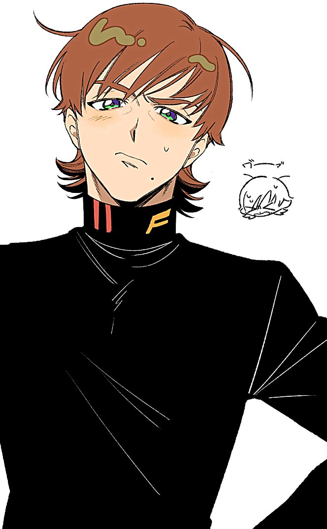 1boy black_shirt blush brown_hair chibi chibi_inset green_eyes gundam gundam_gquuuuuux kamonekm long_sleeves looking_at_viewer male_focus mole mole_under_mouth shirt short_hair simple_background solo sweatdrop turtleneck upper_body white_background xavier_olivette