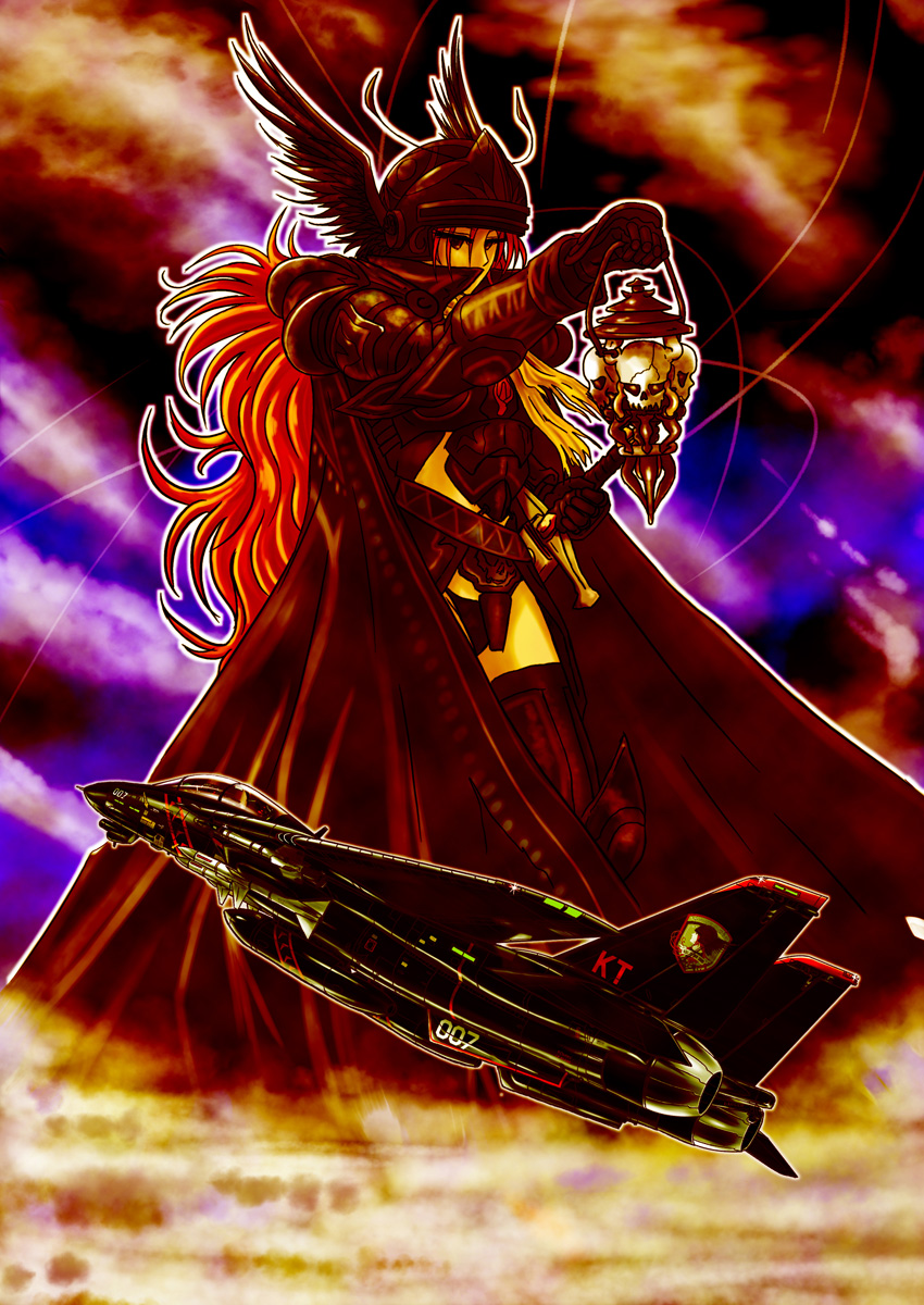 1girl ace_combat ace_combat_5 aircraft airplane boots cloak cloud demon_of_razgriz f-14 female_focus fighter_jet flying gemini69 helmet highres jyemini69 lantern long_hair military military_vehicle missile red_hair skull solo spitfiremk5 thigh_boots thighhighs thong weapon winged_helmet