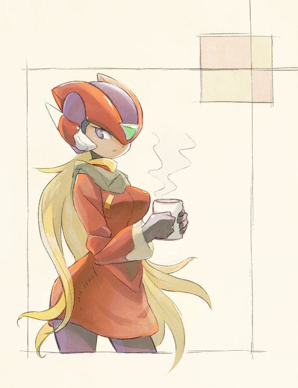 1girl android bliss_zero_(mega_man) blonde_hair bodysuit breasts cokeshi dress genderswap genderswap_(mtf) gloves helmet long_hair looking_at_viewer mega_man_(series) mega_man_zero_(series) purple_eyes red_dress skirt solo svc_chaos very_long_hair zero(z)_(mega_man) zero_(mega_man)