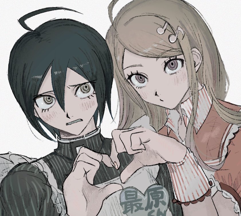 1boy 1girl ahoge akamatsu_kaede alternate_costume apron bishounen biting_own_lip black_hair blonde_hair blush commentary_request crossdressing danganronpa_(series) danganronpa_v3:_killing_harmony dress enmaided fortissimo frilled_apron frills hair_between_eyes hair_ornament heart heart_hands jacket long_eyelashes long_hair looking_at_viewer maid musical_note musical_note_hair_ornament muted_color pink_dress pink_eyes ringed_eyes saihara_shuichi sema_(vivaviva_02) short_hair striped_clothes striped_jacket upper_body white_background yellow_eyes