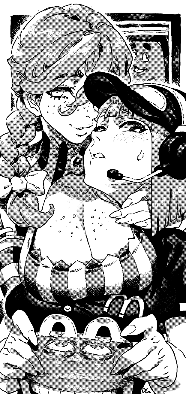2girls body_freckles breasts cleavage cleavage_cutout clothing_cutout freckles frown greyscale grimace_(mcdonald&#039;s) happy_meal highres ireading large_breasts long_hair long_sleeves looking_at_viewer medium_hair microphone monochrome mother_(yoru_mac) multiple_girls product_girl shirt short_sleeves smile smug sweatdrop visor_cap wendy&#039;s wendy_(wendy&#039;s) yoru_mac