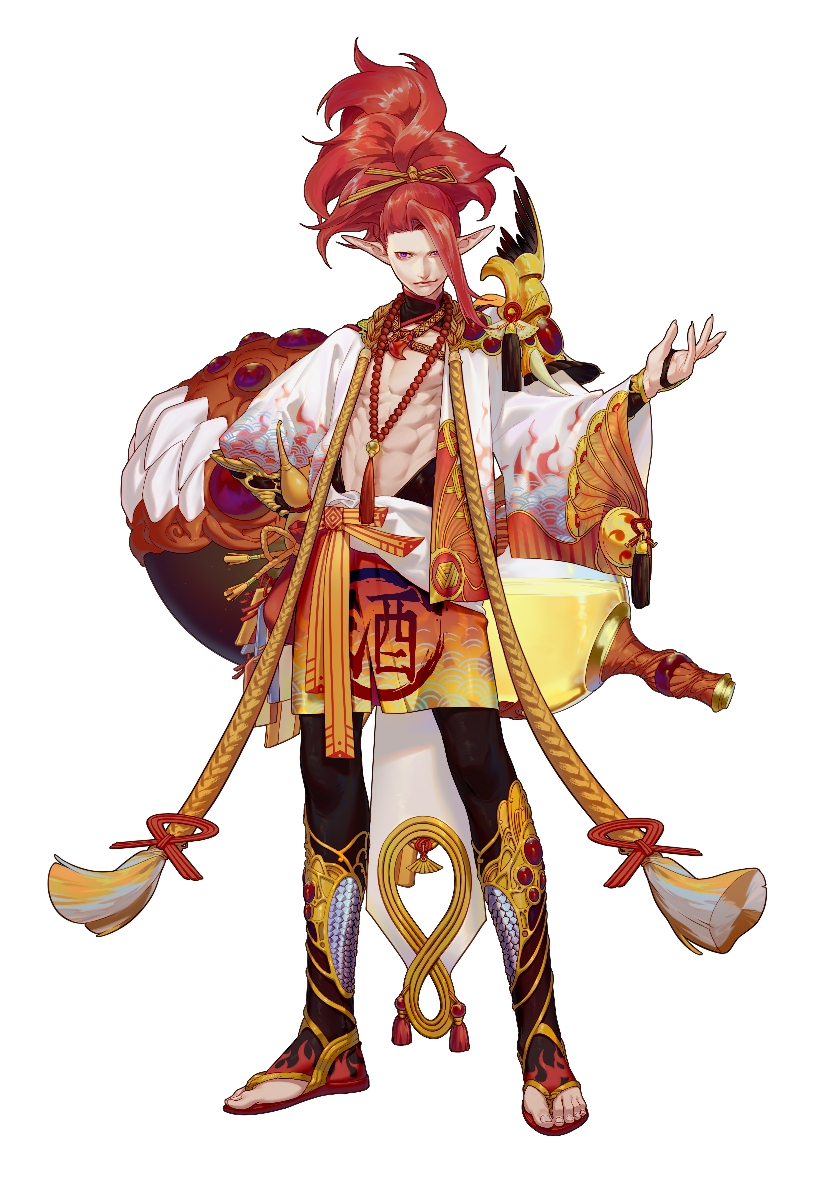 1boy abs aliasing apron asymmetrical_bangs bags_under_eyes bangle beads big_hair bodysuit bracelet center_opening chinese_commentary commentary_request full_body hair_over_one_eye hand_on_own_hip hand_up high_collar japanese_clothes jewelry kimono liquid looking_at_viewer magatama male_focus navel nipples no_eyebrows onmyoji onmyouji open_hand pointy_ears ponytail prayer_beads print_apron print_kimono purple_eyes red_hair red_neckwear sandals shuten_douji_(onmyoji) simple_background smirk solo standing tassel toenails toes toned waist_apron wavy_hair white_background yonoka