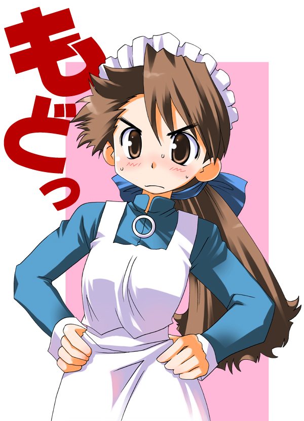 1girl annoyed blush female_focus futaba_channel hands_on_own_hips maid modoi nijiura_maids ponytail solo